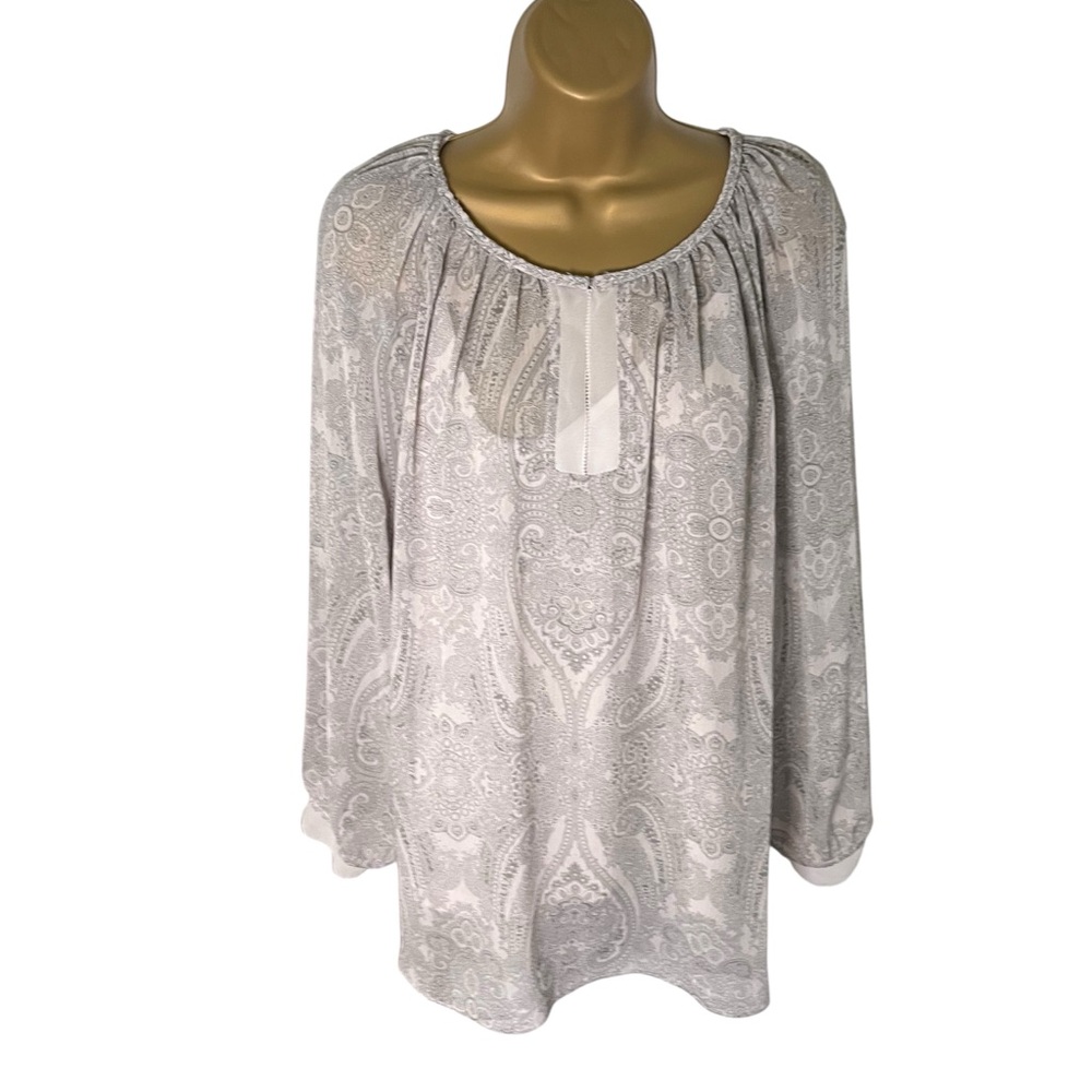 Rose & Olive Peasant Blouse Sheer Overlay Lined Paisley Gray/White 1X